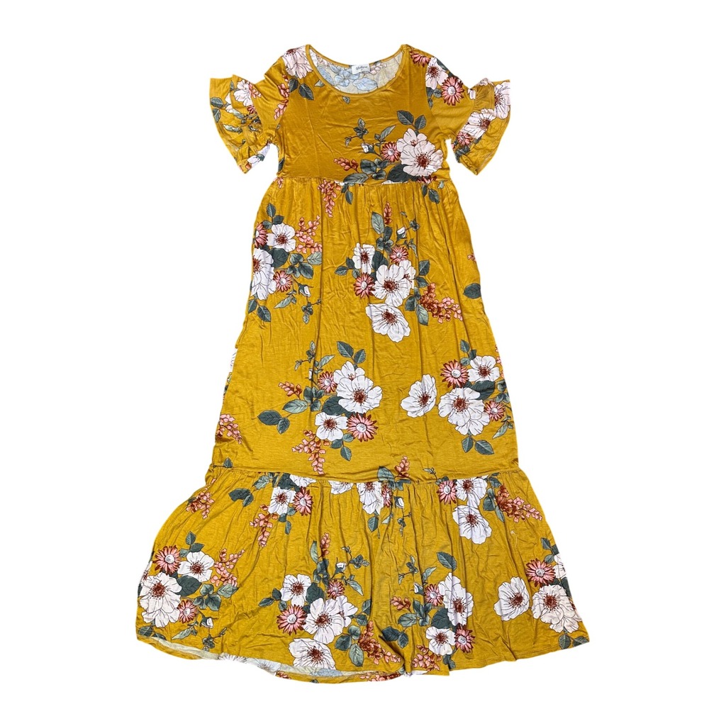 Hellow Mustard Yellow Floral Ruffle Sleeve Tiered Maxi Dress MHD4167 Womens M